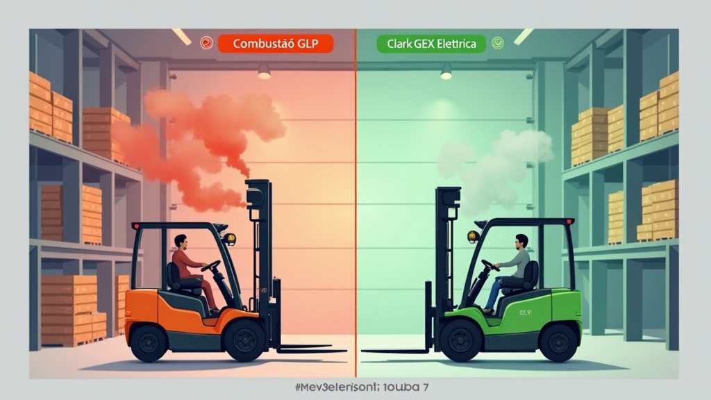 Comparativo antes e depois: empilhadeira a combustão com emissão de CO em galpão fechado versus Clark GEX elétrica com zero emissão